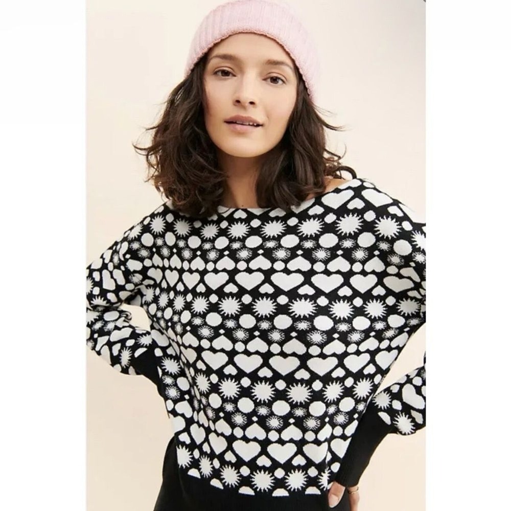 Anthropologie Black and White Sun & Heart Pattern Sweater